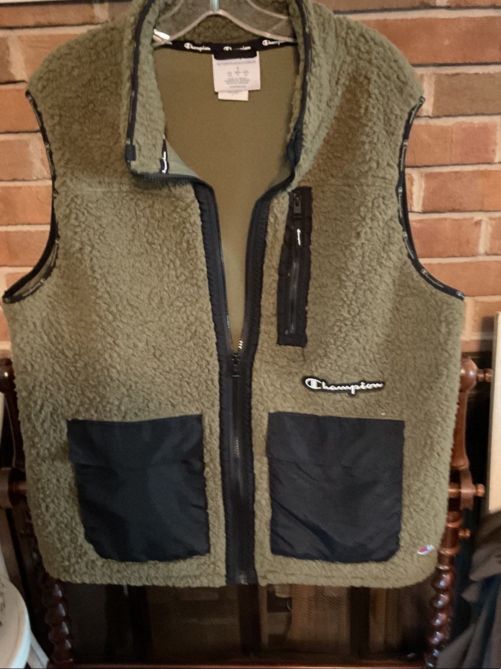 Like New Classic Champion Olive Sherpa Vest with Black Pocket Panels